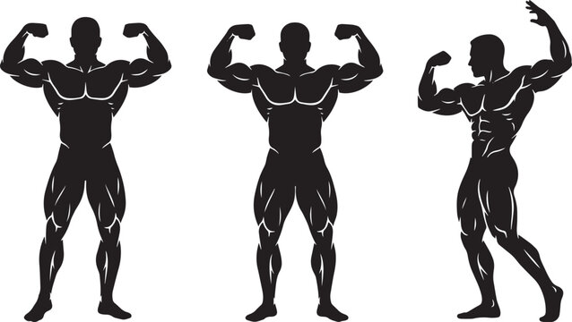 Black silhouettes set of strong muscular bodybuilders flexing biceps and posing during a fitness competition isolated on a white background