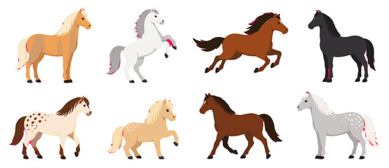 Obraz premium Cartoon horse set with different colors and poses