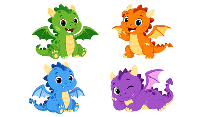 Fototapeta premium Cute cartoon baby dragons set in colorful fantasy style