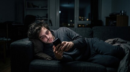 Obraz premium Young man relaxes on couch at night, using smartphone in dimly lit living room interior
