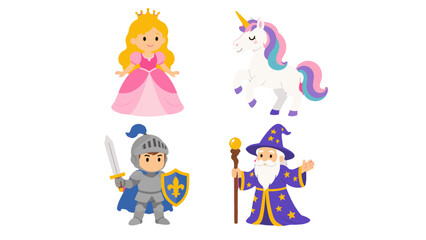 Obraz premium Cute fantasy fairytale character set with princess and wizard