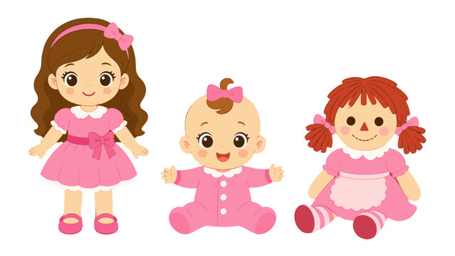 Cute girl, baby, and rag doll character set in pink outfits