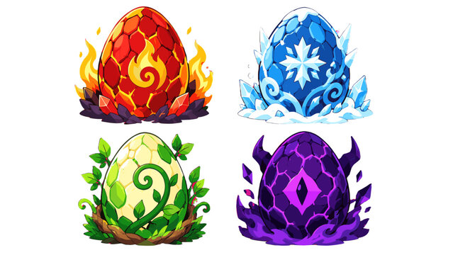 Set of four fantasy dragon eggs with elemental designs