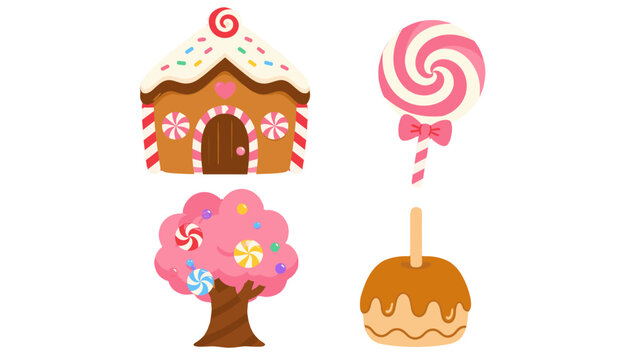 Cute candy house, lollipop, candy tree and caramel apple set
