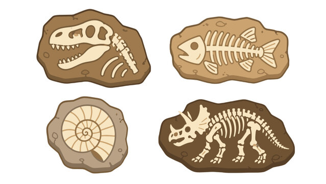 Cartoon fossil set with dinosaur skull fish skeleton and ammonite