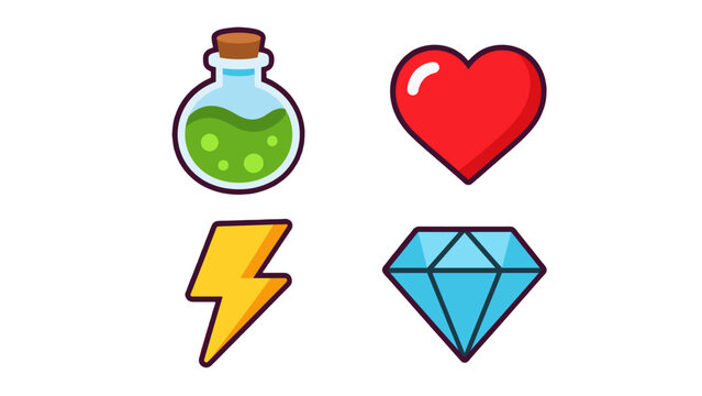 Cartoon game icons with potion heart lightning and diamond