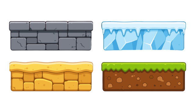 Cartoon game terrain tiles with stone, ice, sand, and grass