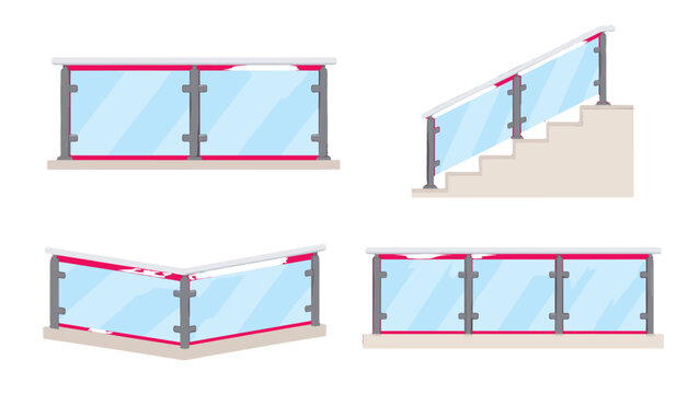 Set of glass balustrade railings for balcony and stairs