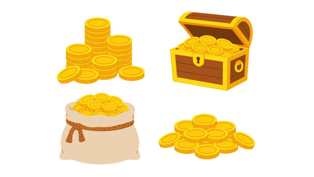 Cartoon treasure chest, coin stacks and sack of gold coins