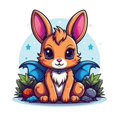 Obraz premium Cute Cartoon Bat Rabbit Creature Sitting.