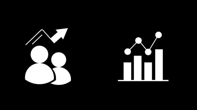 Team performance and analytical business graph concept. Two user silhouettes with upward trending arrows. Bar chart combined with node line graph. 2D animation 4K resolution alpha channel.