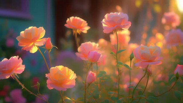 Dreamy pink rose field glowing in soft morning light, romantic floral landscape with gentle pastel mood and peaceful natural beauty.