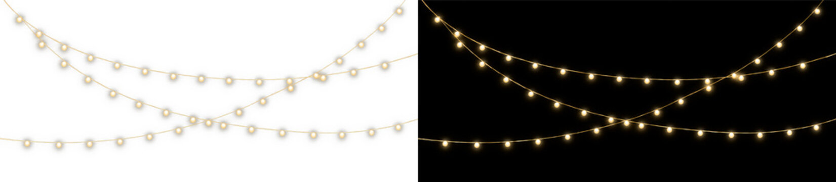 Gold glowing string lights png overlay with radiant festive garland effect, on transparent background