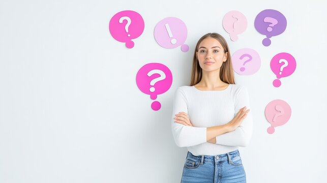 Young woman stands with her arms crossed, pondering questions and ideas represented by colorful speech bubbles containing question and exclamation marks on a white background