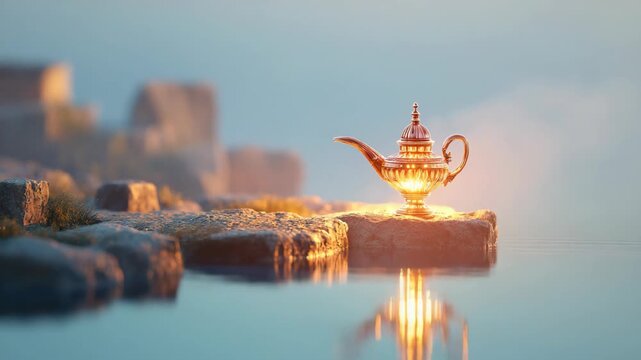 Golden genie lamp on a river shore with dreamy fantasy mood, magical fairytale scene with soft light and mysterious atmosphere.