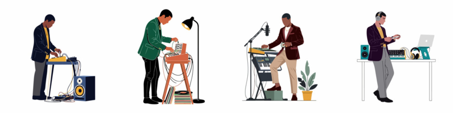 Four illustrations of a stylish African American male music producer working with synthesizers, recording equipment, and professional studio gear in a minimalist vector style.