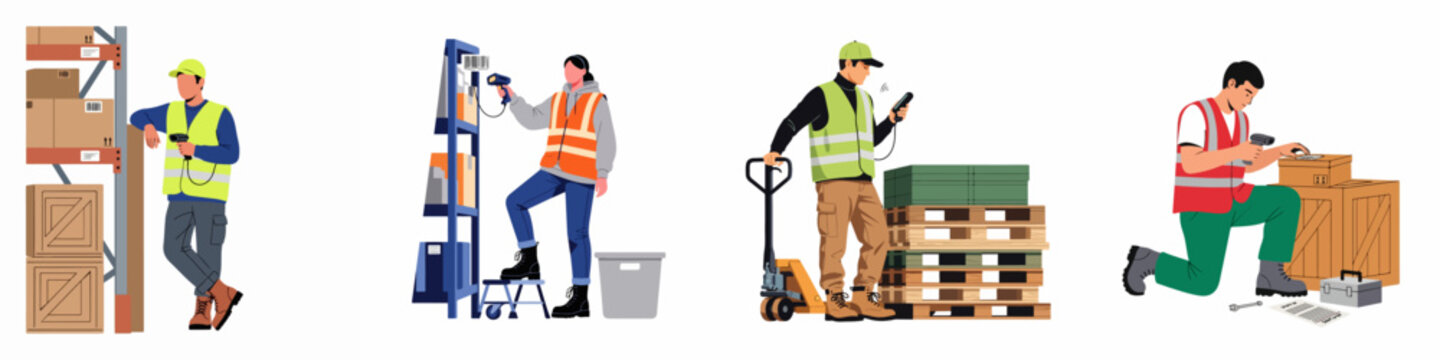 Set of warehouse workers characters performing logistics and inventory tasks such as scanning barcodes, managing stock, and moving freight on white background.