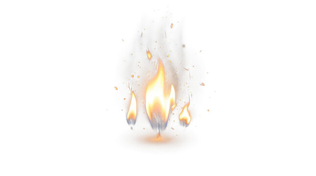 Bright candle flame with glowing embers and rising smoke particles isolated on a solid black background, for digital compositing