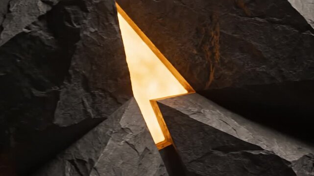 Abstract dark stone wall with warm golden light glowing through geometric cracks