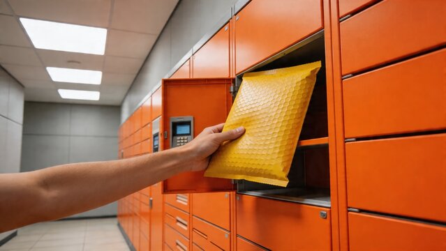 A person is shown placing a yellow package into an orange automated package delivery locker, highlighting the convenience and security of modern package management systems.