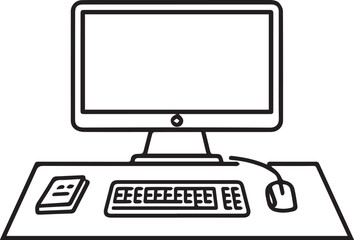 Fototapeta premium A clean illustration depicts a desktop computer setup including a monitor, keyboard, mouse, and a small device.