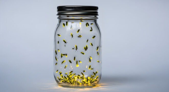 Jar filled with glowing fireflies on a light gray background