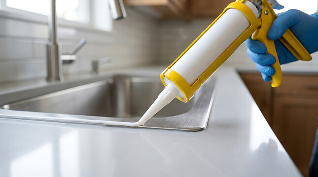 Skilled Hand Applying Waterproof Sealant Around Kitchen Sink During Home Renovation Project