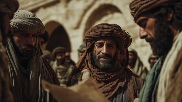 Ancient Israeli men reading God&rsquo;s commandments together on a town street, biblical historical scene with faith, tradition, and community.