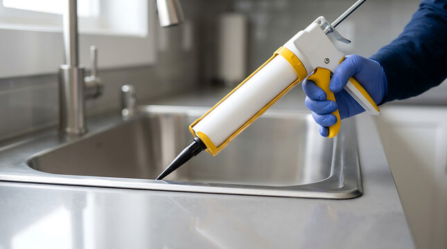 Hand in blue glove using caulk gun to seal a sink in a kitchen or bathroom