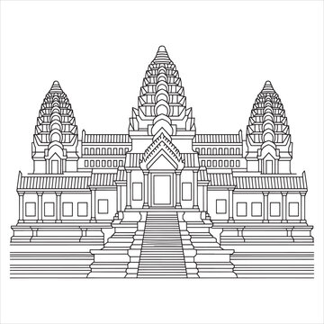 Intricate drawing of angkor wat temple&rsquo;s central tower and spires