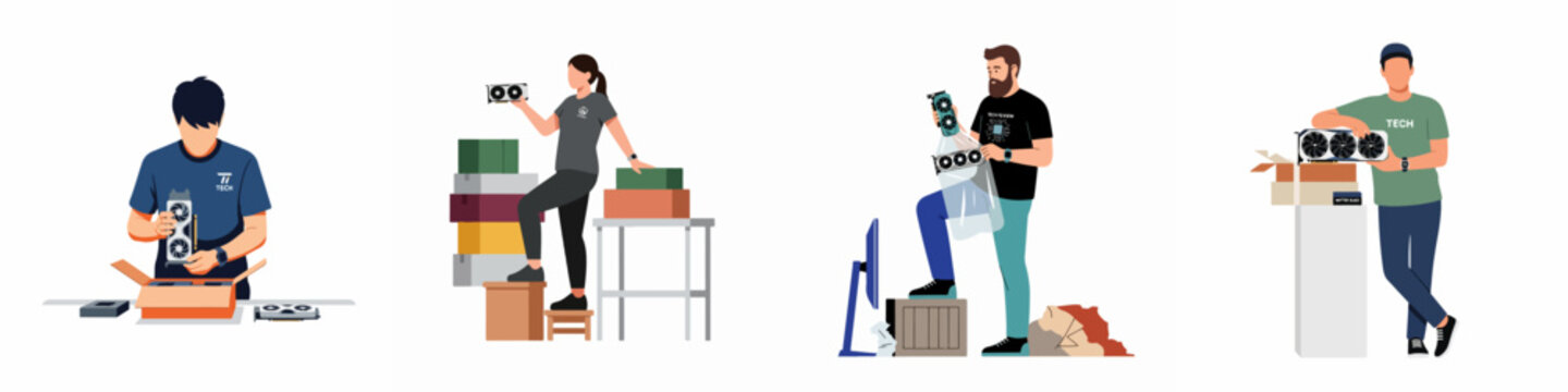 Set of flat illustrations showing tech enthusiasts and professionals unboxing and working with modern GPU graphics cards.