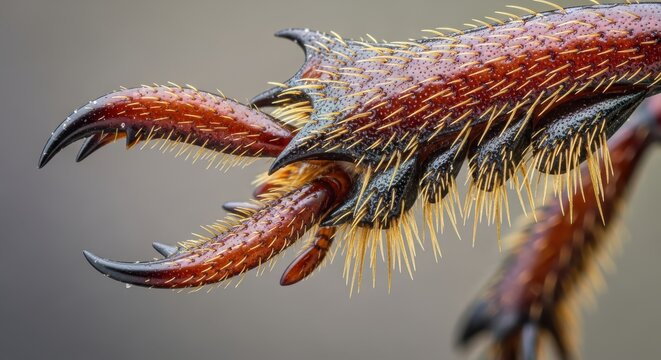 Macro Photography of a Beetle Leg Showing Sharp Claws and Golden Hairs in High Detail