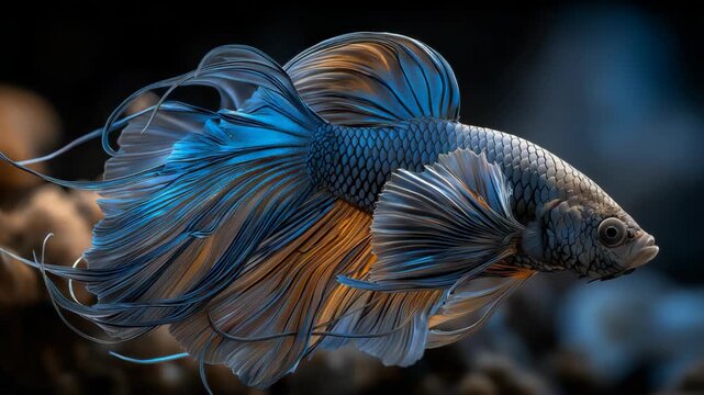 Beautiful blue Siamese fighting fish, elegant betta fish portrait with dramatic color, flowing fins, and aquatic beauty.