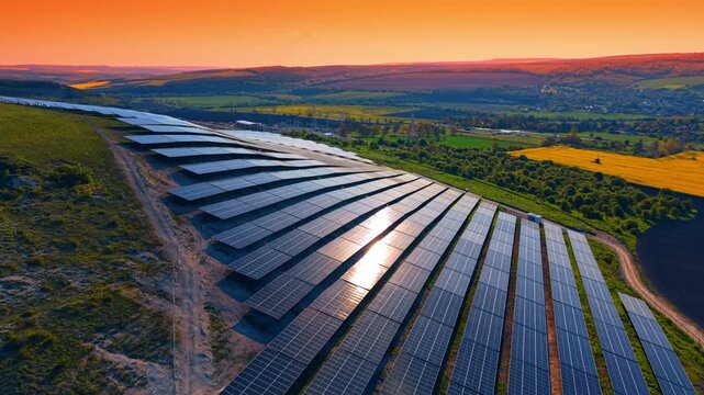 Solar panel rows at sunset overlooking valley and village. Warm evening aerial of sweeping module banks on a slope above green fields, hills and a settlement.