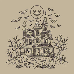 Naklejka premium Spooky haunted house illustration with bats flying under smiling moon in cemetery landscape line art.
