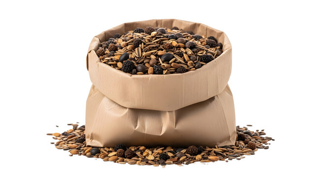 Bag of mixed birdseed spilling onto a white surface with various grains and berries