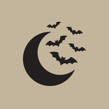 Crescent moon with flying bat silhouettes halloween night sky illustration.