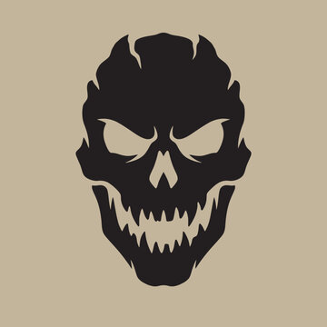 Scary monster skull silhouette with sharp teeth for dark halloween theme and gothic tattoo design flat vector.