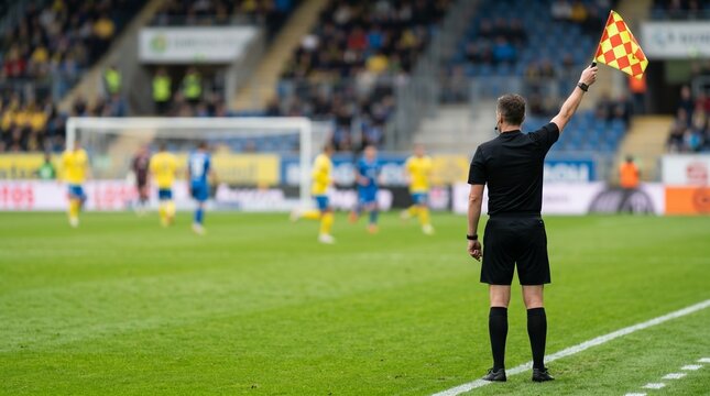 Assistant referee raising checkered flag for offside signal