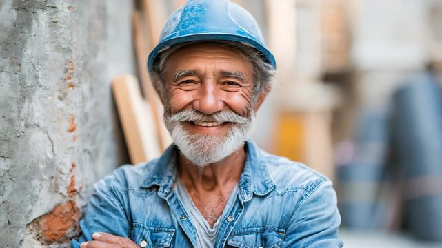 Senior Caucasian worker man wearing a safety cap and plaid shirt at a building construction site, professional labor portrait.
