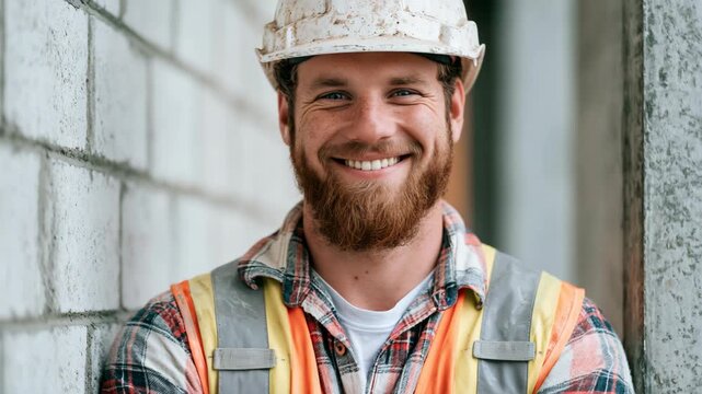 Caucasian worker wearing a safety cap smiling at a house under construction, professional building site portrait with positive work mood.