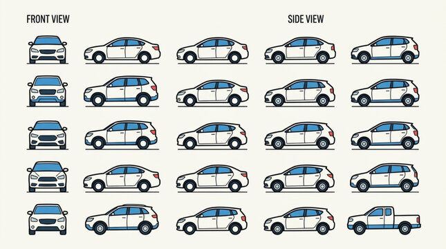 Collection of Various Car Models and Types in Different Views.