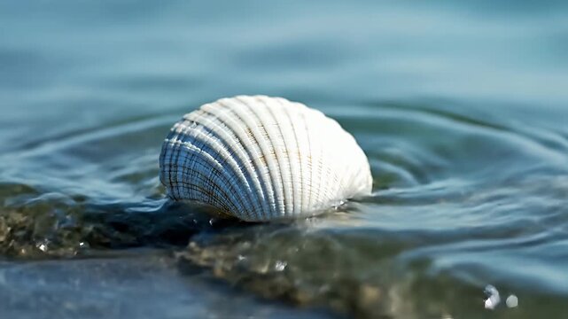 Close up of a white seashell in shallow water on a bright day