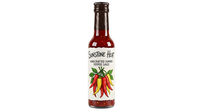 Sunstone Heat handcrafted summer pepper sauce bottle with chili illustration