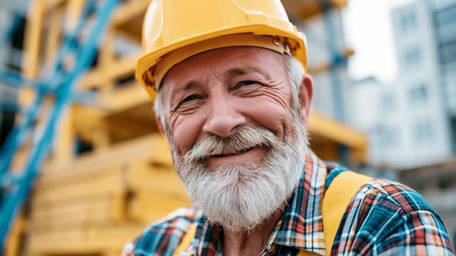 Senior Caucasian worker man wearing a safety cap and plaid shirt at a building construction site, professional labor portrait.