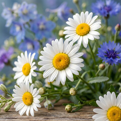 Obraz premium Beautiful bouquet of fresh white daisies and blue cornflowers on a rustic wooden table, closeup view of spring wildflowers in a natural outdoor setting with soft bokeh background