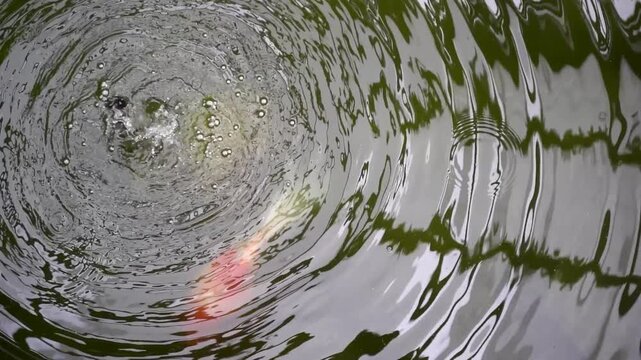 Water surface with circular ripples and koi carp (Cyprinus carpio) swimming below. Tranquil pond scene, movement, reflections and natural patterns.