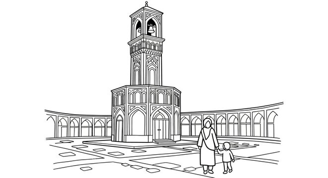 Historical clock tower with two people walking nearby.