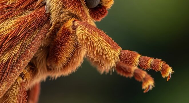Extreme Macro Shot of a Fuzzy Orange Moth Leg with Detailed Texture and Soft Green Background
