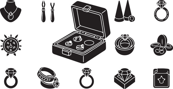 Jewelry icons and accessories in a treasure box